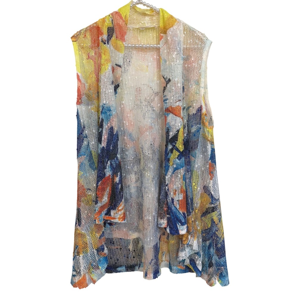 Jess & Jane Womens M 2pc Set Boho Abstract Floral Mesh Vest & Long Sleeve Top - Picture 3 of 8